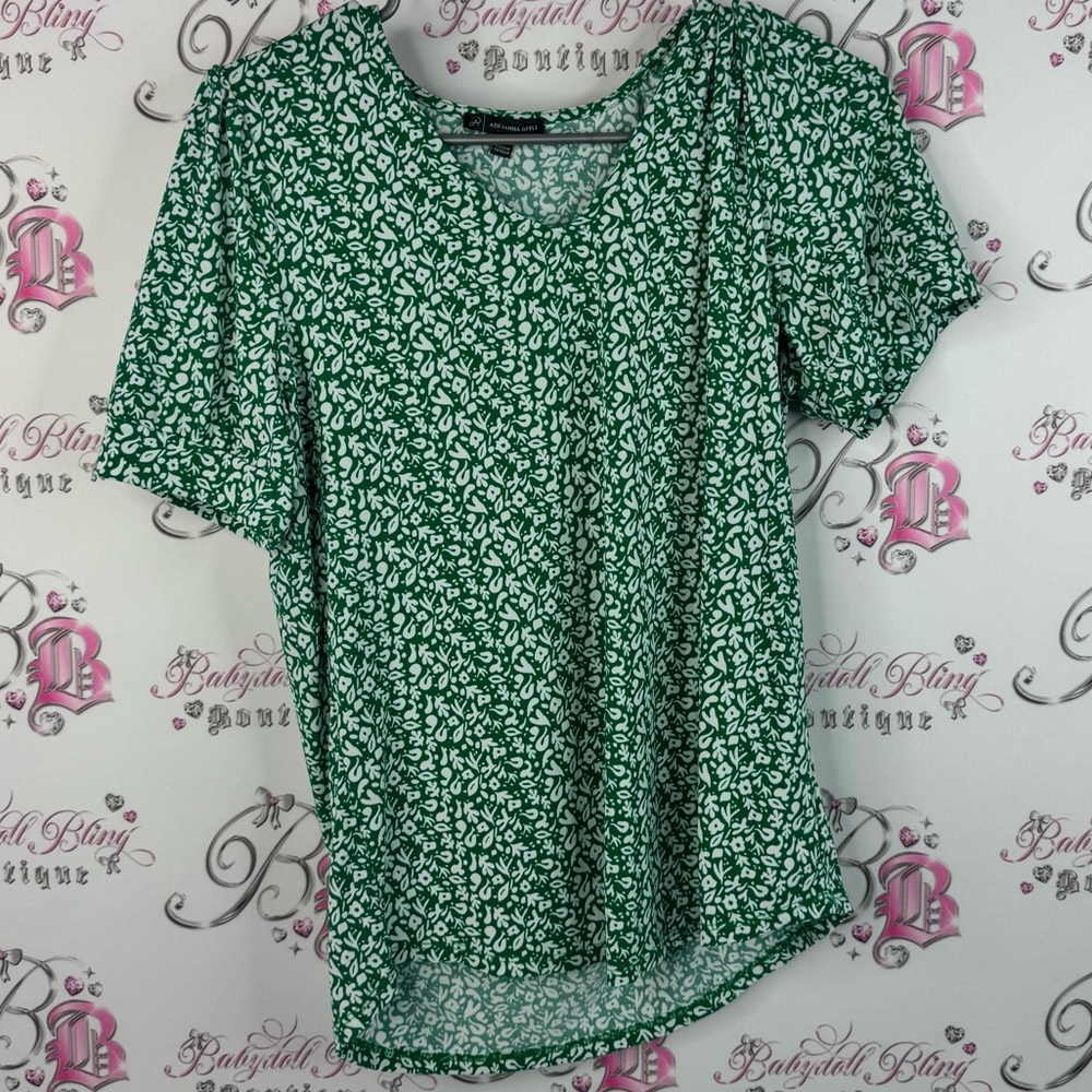 Adrianna Papell tshirt tee flowers floral Green Leaf Print Blouse